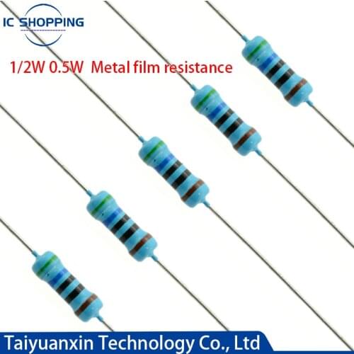 0.5W 1/2W Metal Film Resistor 1% Five-color Ring Power Resistor 0.1~1M 2 4.7 10R 47 100 220 360 470 1K 2.2K 10K 22K 4.7K 100KOhn