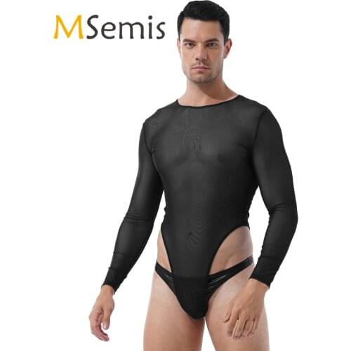 MSemis Mens Lingerie See-Through Mesh Bodysuit Exotic Jockstraps Costumes Teddies Sleepwear High Cut Thongs Zipper Bodystocking