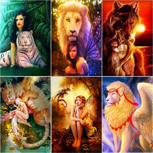 Cuadros full square Cross stitch 5d diamond painting kit Animal lion tiger wolf girl cat complet embroidery dirll drawing mosaic