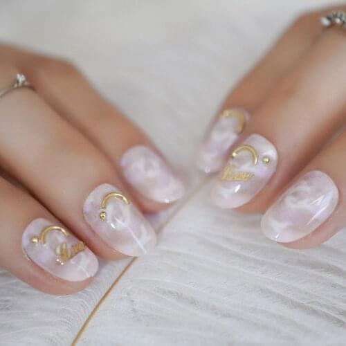 Happy Smile Fake Nails Short Oval Shape Marble White Acrylic Nail Art Tips Alloy Decoration Revit Design