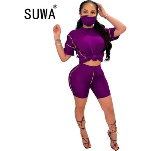 Wholesale Women Two Piece Matching Set Short Sleeve Tee Shirts + Sweatpants Biker Shorts Sets Workout Joggers Street Lounge Wear