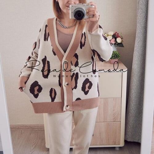 Autumn Oversized Cardigan Women Knitted Sweater Leopard Panelled Jumper Suits Harem Pants Two Pieces Winter V Neck Casual Sets