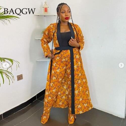 Autum Long Sleeve Fashion Set Yellow Vintage Print Long Jacket + Wide Leg Trousers Two Piece Set Casual Workout Clothing Outfits