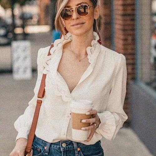Lace Ruffles Shirts Femme Patchwork Long Sleeve Buttons Up Elegant Blouse Chic Retro Mujer chemisier Woman Shirt Casual Tops