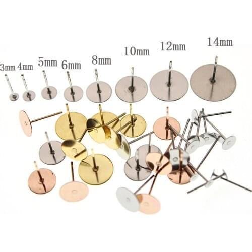 1pack 3 4 5 6 8 10 12 14mm Rose Gold Stainless Steel Blank Earring Studs Post Pins Flat Round Tray Base Ear DIY Jewelry Findings