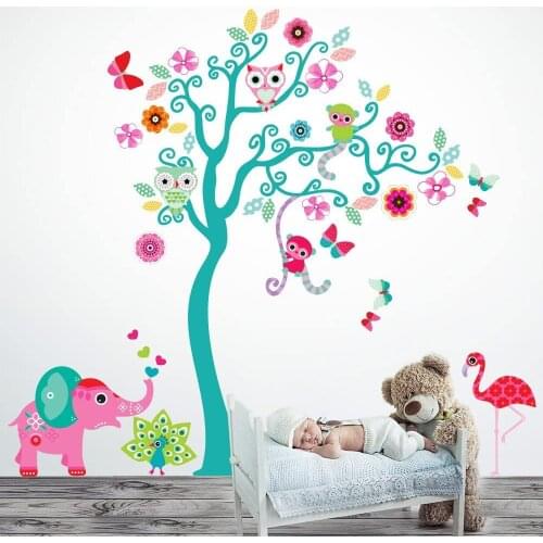 Elephant tree flowers butterflies wall stickers wall decoration kids bedroom baby nursery room bed