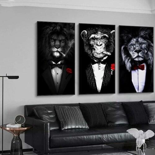 Modern poster interesting animals black and white lion suit oil painting art and printing Abstract animal canvas painting on the