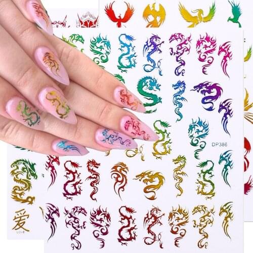 3D Nail Art Stickers Gold Dragon Colorful Phoenixs Laser Nail Stickers Self Adhesive Slider Nails Decals Nail Art Decorations
