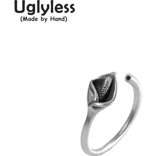 Uglyless Thai Silver Calla Lily Rings for Women Creative Flowers Open Rings Real 925 Silver Ethnic Dress Jewelry Handmade Bijoux