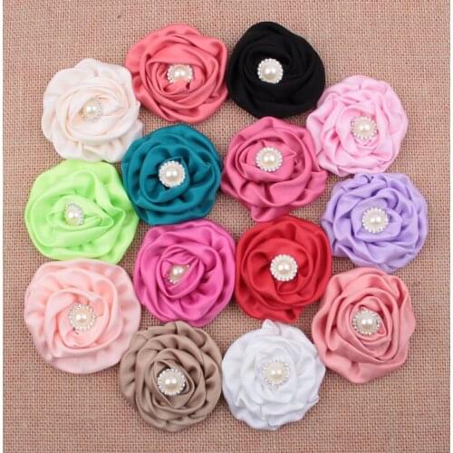 Yundfly 10PCS 3" Artificial Matte Satin Rose Flowers With Pearl Sparkly Button For DIY Baby Headband Rolled Rosette Flowers