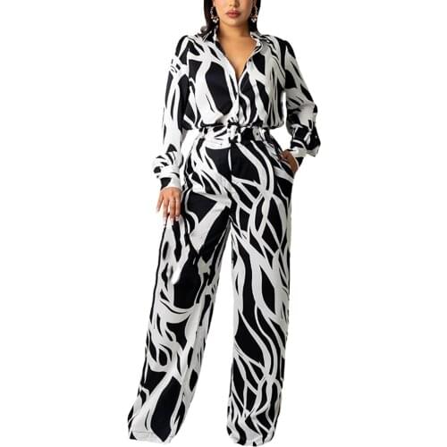 Womens 2 Piece Jumpsuit Long Sleeve Print Stripes Shirt Top Wide Leg Pant Set Romper Outfit