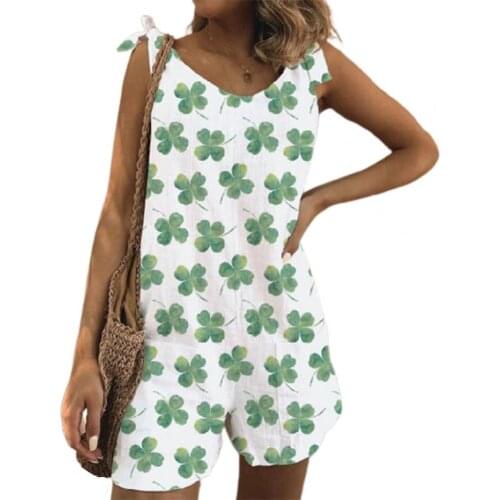 XXXL Womens Sleeveless Rompers Leaf Print V-neck Shorts Loose Playsuit Jumpsuit Streetwear Overalls Playsuits combinaison femme