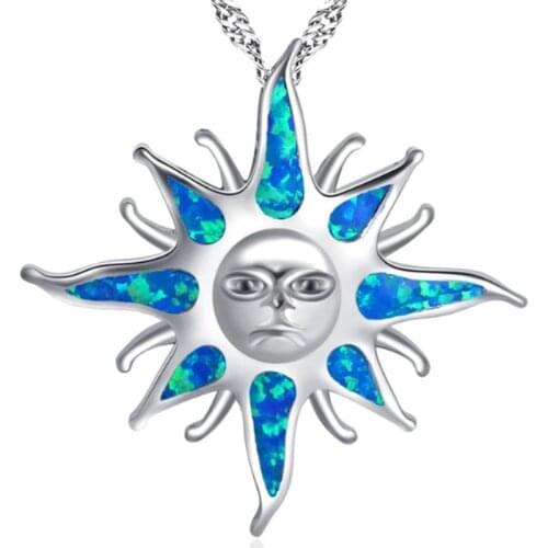 Boho Female Sun Flower Pendants Necklaces Blue Fire Opal Stone Necklace Fashion Silver Color Wedding Jewelry