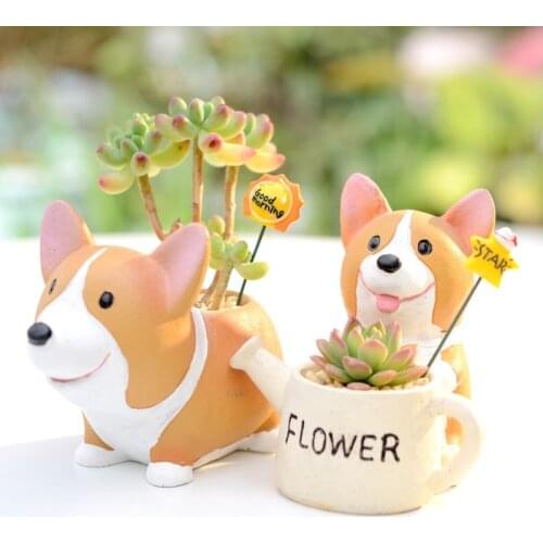 1PCS Creative Resin Corgi Cartoons Kawaii Cute Mini Flower Pot Succulent Planter Potted Cactus Garden Desktop Home Decoration