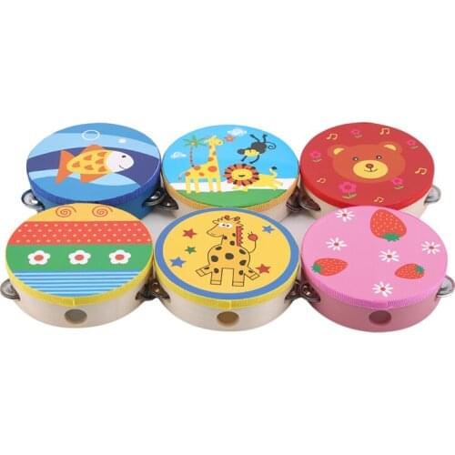 15cm Cartoon Wooden Drum Handheld Tambourine Freestyle Hand Bell Musical Percussion Instrument For Family Party Child Tambourine