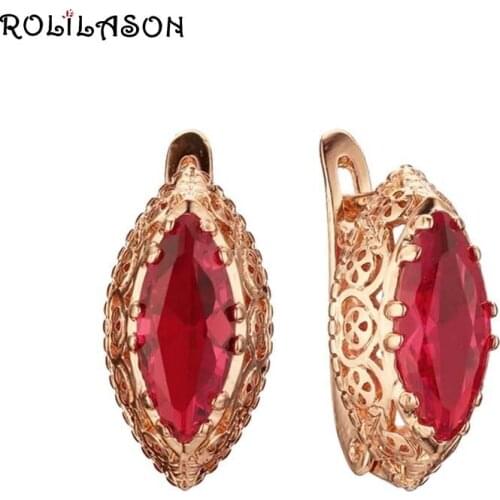 ROLILASON 2019 latest golden clip earrings fashion jewelry huge red crystal zircon wedding gift Je1209