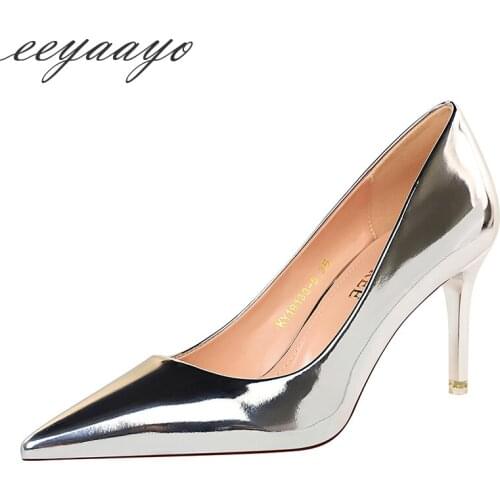 2020 New Spring Women Pumps High Thin Heel Pointed Toe Shallow Fashion Sexy Ladies Women Shoes Silver Female High Metal Heels