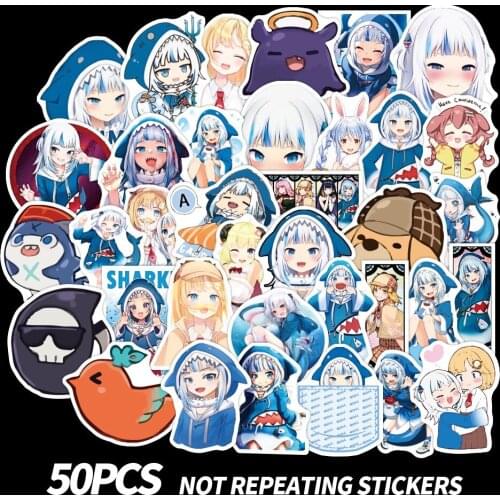 50pcs Cute Girl Gawr Gura Stickers for Guitar Car Helmet Skateboard Suitcase Laptop Decals Anime Sticker Pack Waterproof Vinyl