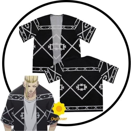 Anime Tokyo Revengers Ken Ryuguji Cosplay Cloak Black T-shirt Haori Kimono Top Shirts 3 Styles for Summer Halloween Role Play