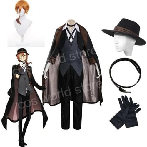 Bungo Stray Dogs Nakahara Chuuya Cosplay Costume Black Trench Women Men Wig Shoes Hat Belt Outfit Halloween Costume For Unisex