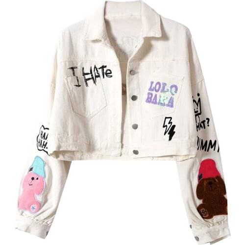 Letter Sequins Cartoon Bear Patch Denim Jacket 2021 Spring Autumn New Korean Version Loose All-match Coat Jacket Female Jeans