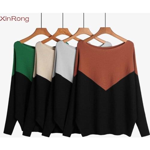 European And Beautiful Womens Fashion Sweater One-neck Bat Shirt Loose Large Size Womens Pullover Blouse Peach Heart Stitching