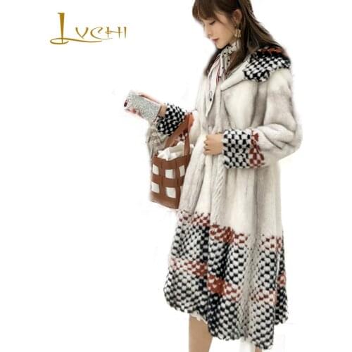 LVCHI 2019 Winter Imported velvet Mink Fur Coat Real Fur Coats Women With Fur Hood Print Patchwork Pattern X-Long Mink Fur Coats