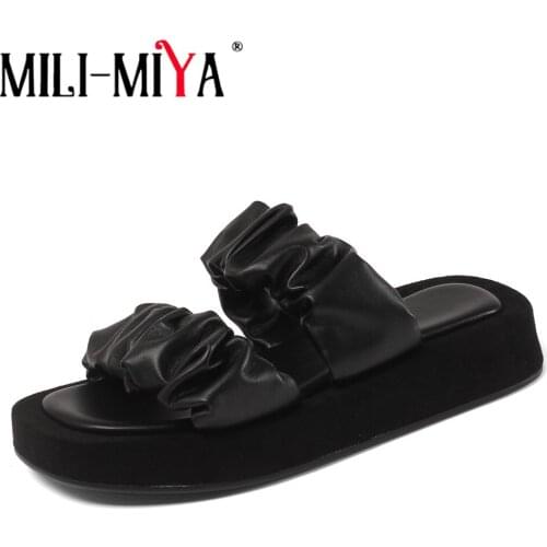 MILI-MIYA Sexy Pleated Ladies Slippers Summer Fashion Gladiator Slides Sandals Women Square Toe Platform Flat Comfy Shoes Black
