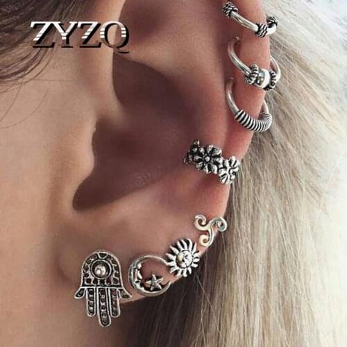 ZYZQ Bohemian Sun and Moon Ear Clip Set Retro Old-Fashioned Geometric Cuff Earrings For Women Girls Wear Jewelry Every Day