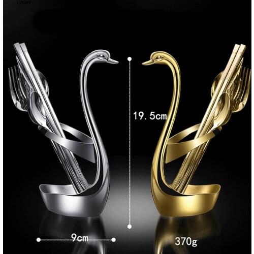 Stainless Steel Tableware Set for Pubs/ Restaurant, 6 Pieces Solid Color Fork + Swan Base, Gold/ Silver