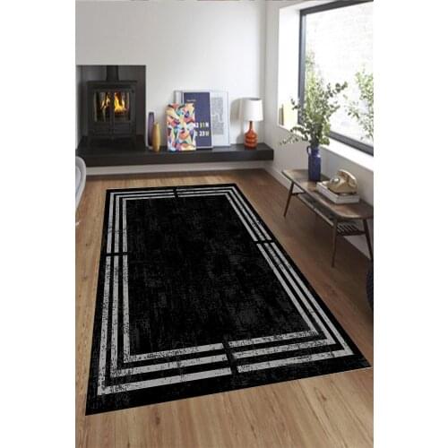 Gri Şeritli Siyah Eskitme Halı (Makinada Yıkanabilir Kaymaz Deri Taban) - CP524