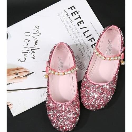 2021 New Girls Crystal Shoes Sequined Hot Fashion Pearl Shoes Kids Rhinestone Princess Shoes Soft Sole Leather Shoes Sweet Flats