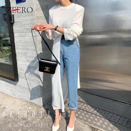 Autumn Knitted Women Loose Long Sleeve Chic Split Maxi Dress Elegant Korea Winter Female Thin O Neck White Black Sweater Dresses