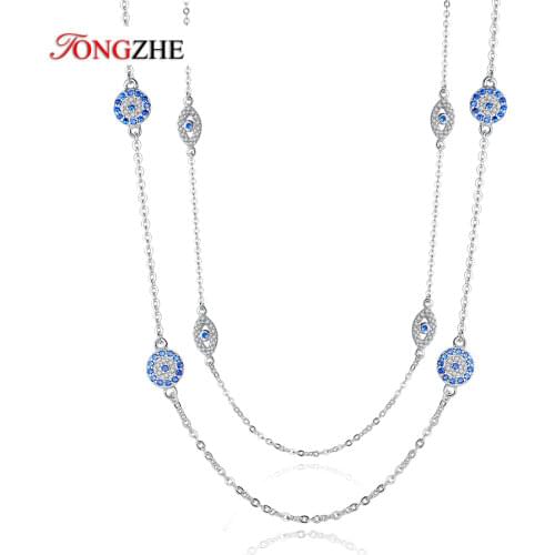 TONGZHE 925 Sterling Silver Necklace Round Pendant Evil Eye Necklaces Blue Zircon Long Link Chain Turkey Jewelry Gifts for Women