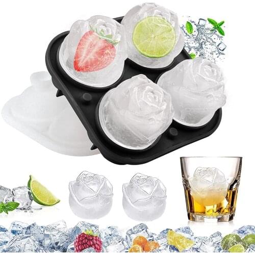 Ice Cube Trays 3D Rose Silicone 4-Ice Cube Trays with Removable Funnel-Shaped Lid Reusable and BPA Free Ice Cube Mold