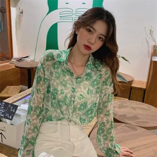 Shirts Retro Polo Collar Floral Long-sleeved Shirt Female Design Sense Niche Summer New Korean Loose Top