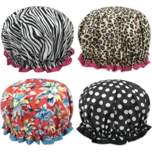 Wide Brimmed Shower Caps Bath Hat Waterproof Double Layers Satin Fabric Hair Bonnets Round Fitted Hats Head Wrap SN3648