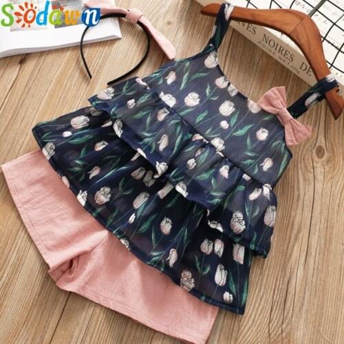 Sodawn Girls Fashion Clothing Sets Brand Girls Clothes Suits Flower Sling Vest T-Shirts+Shorts 2Pcs Baby Kids Clothing Sets
