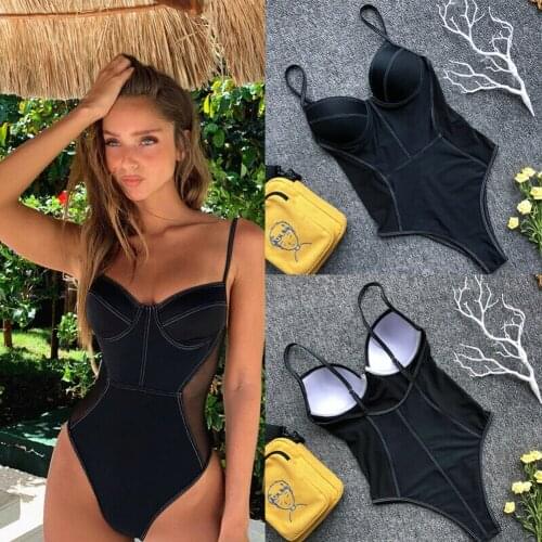 Brand New Womens One-Piece Suits Padded Bikini Swimming Costume Backless One Piece Swimsuit Monokini Mesh Patchwork Swimwear