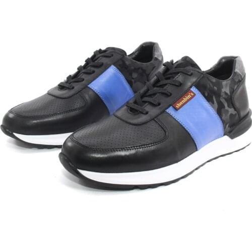 SHENBINS Premium Handmade Blue/Black Sport Shoes, Holographic Camouflage Leather, Genuine Calf Leather, Mens Training Footwear