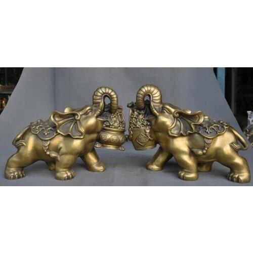 Old Chinese Feng Shui brass auspicious wealth yuanbao coin Elephant statue pair