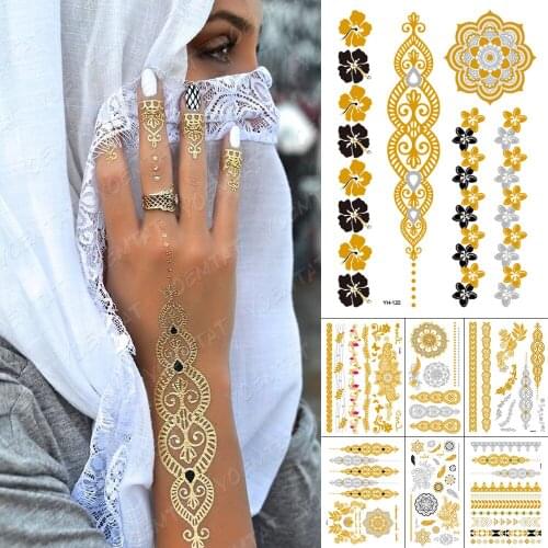 Waterproof Temporary Tattoo Sticker Metallic Gold Silver Mandala Flower Jewelry Flash Tatto Indian Henna Hand Painted Fake Tatoo