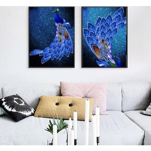 Blue Peacock Animals Canvas Painting Modular Wall Pictures for Living Room Modern Home Decoration Nordic Art Posters and Prints