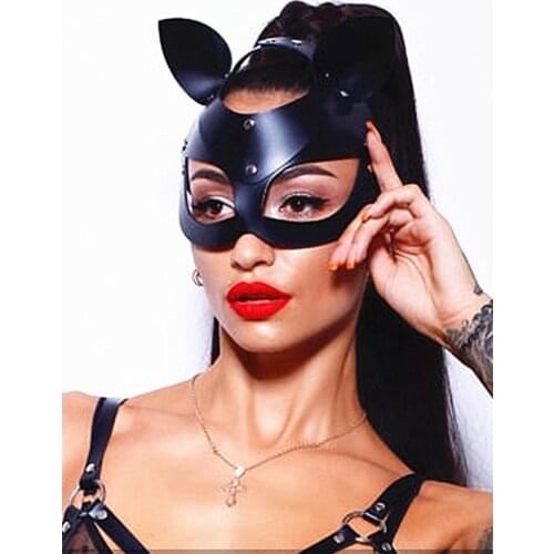 Woman Leather Cat Mask Fetish Halloween Cosplay Adjustable Masquerade Sexy Eye Mask Black Sex Accessories Erotic CS80952