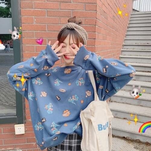 2019 autumn new loose ethnic style print female cotton and linen dinosaur cute casual shirt round neck pullover sweatshirt