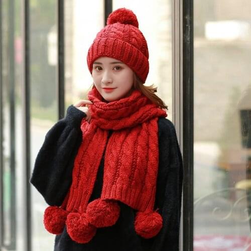 2018 Soft Pom Poms Winter Hats and Scarf For Women Kitted Beanies Hats Set Thicken Solid Pink Scarf For Girls Thicken Beanies