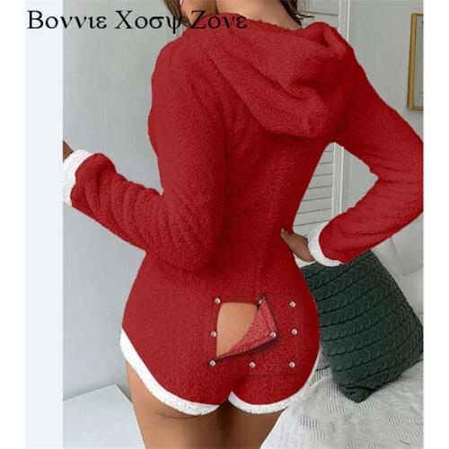 Women Hooded Long Sleeve Colorblock Christmas Pattern Functional Buttoned Flap Adults Romper