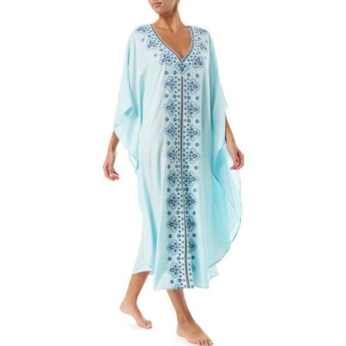 Womens Long Batwing Sleeves Kaftans Swimsuit Cover Up Ethnic Vintage Floral Printed V-Neck Kimono Beach Maxi Dress Flowy Robe