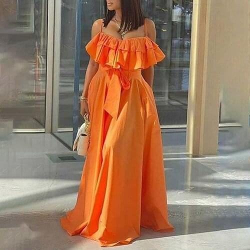Orange Women Long Dress High Waist African Ruffle Sexy One Shoulder Female Robe Vestiods Boho Summer Casual High Waist Dresses