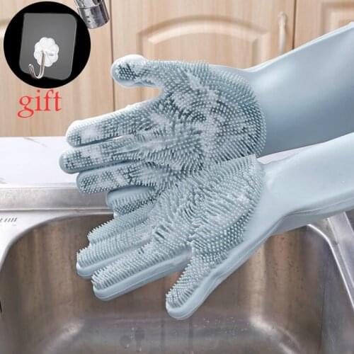 1 Pair Dish Washing Gloves Magic Silicone Dishes Cleaning Gloves With Cleaning Brush Kitchen Wash Housekeeping Scrubbing Gloves
